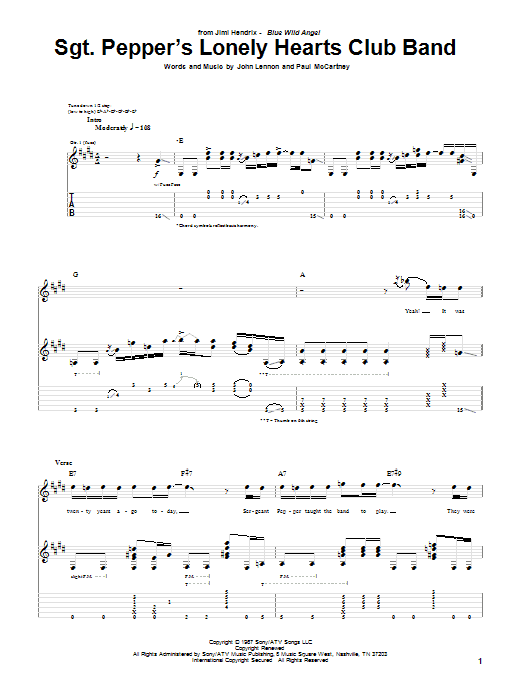 Jimi Hendrix Sgt. Pepper's Lonely Hearts Club Band sheet music notes and chords arranged for Guitar Tab
