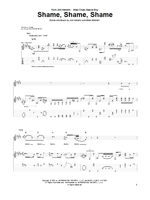 Jimi Hendrix Shame, Shame, Shame sheet music notes and chords arranged for Guitar Tab