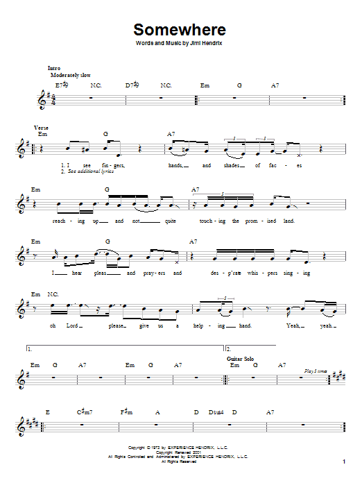 Jimi Hendrix Somewhere sheet music notes and chords arranged for Easy Guitar