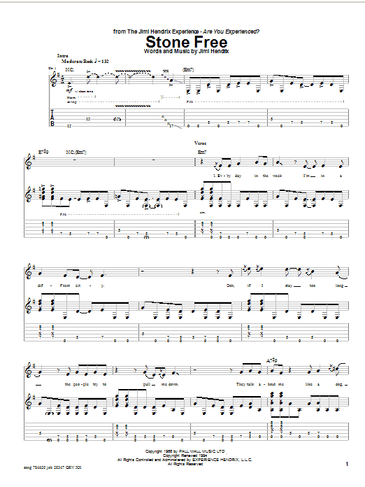Jimi Hendrix Stone Free sheet music notes and chords arranged for Bass Guitar Tab