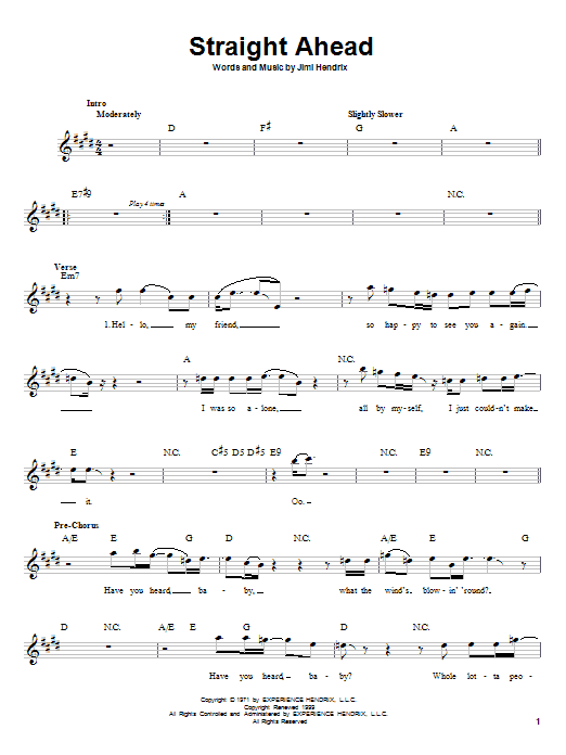 Jimi Hendrix Straight Ahead sheet music notes and chords arranged for Easy Guitar