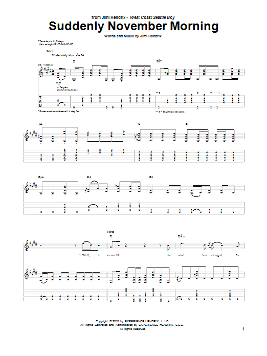 Jimi Hendrix Suddenly November Morning sheet music notes and chords arranged for Guitar Tab