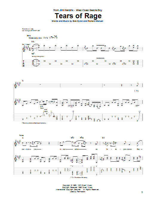 Jimi Hendrix Tears Of Rage sheet music notes and chords arranged for Guitar Tab
