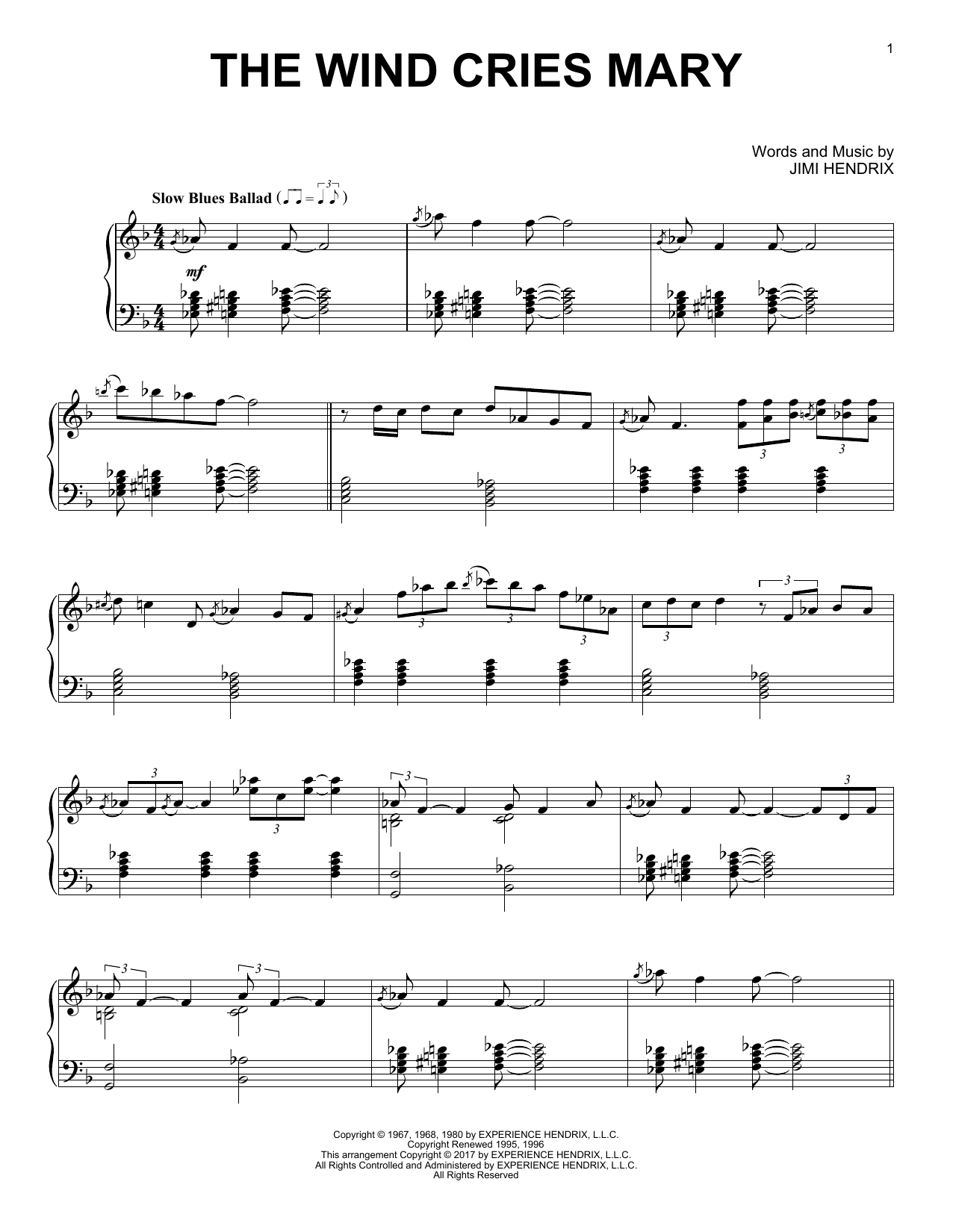 Jimi Hendrix The Wind Cries Mary [Jazz version] sheet music notes and chords arranged for Piano Solo