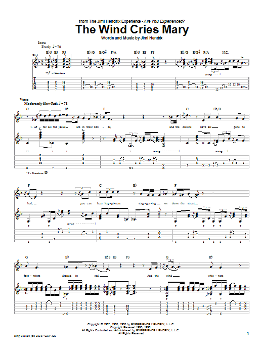Jimi Hendrix The Wind Cries Mary sheet music notes and chords arranged for Easy Guitar Tab