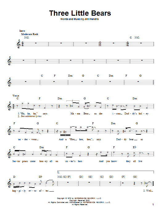 Jimi Hendrix Three Little Bears sheet music notes and chords arranged for Easy Guitar