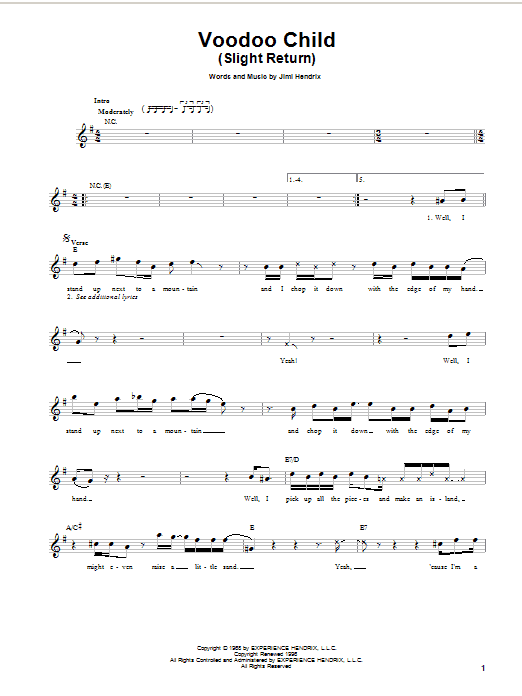 Jimi Hendrix Voodoo Child (Slight Return) sheet music notes and chords arranged for Easy Guitar
