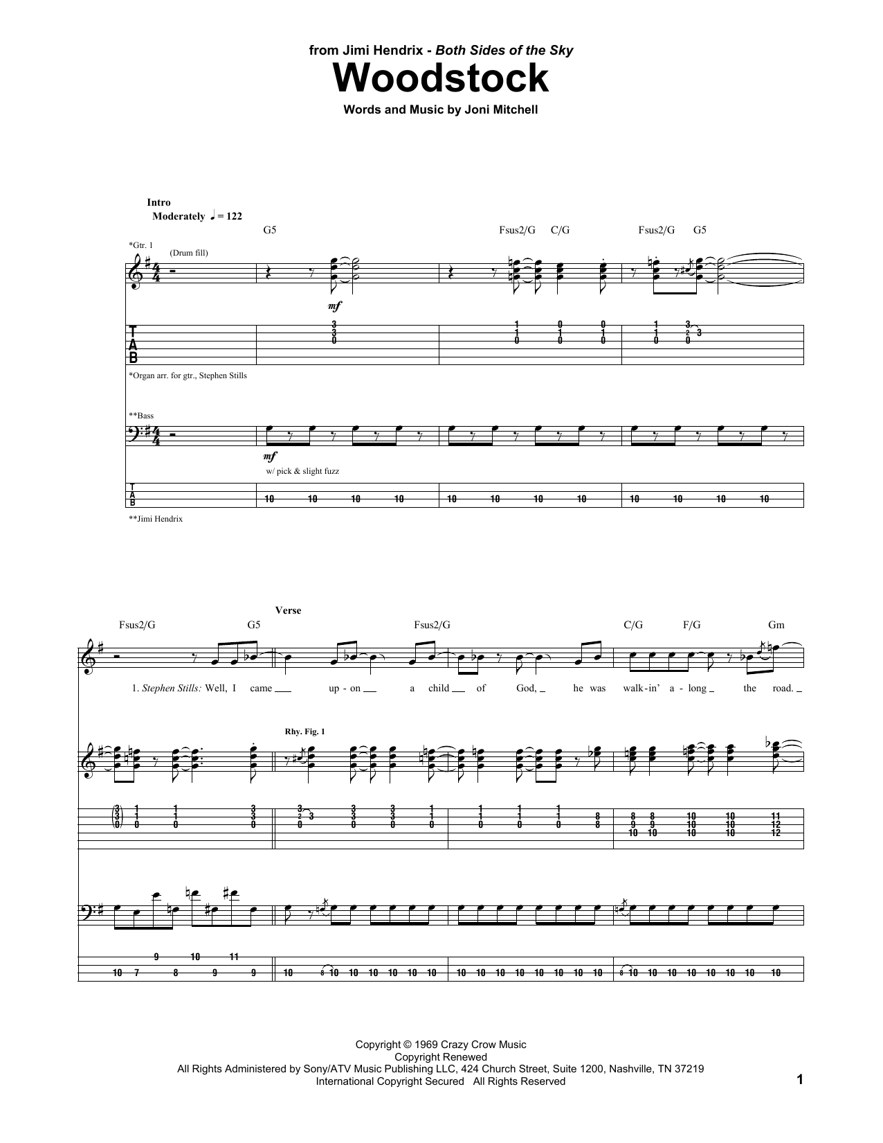 Jimi Hendrix Woodstock sheet music notes and chords arranged for Guitar Tab