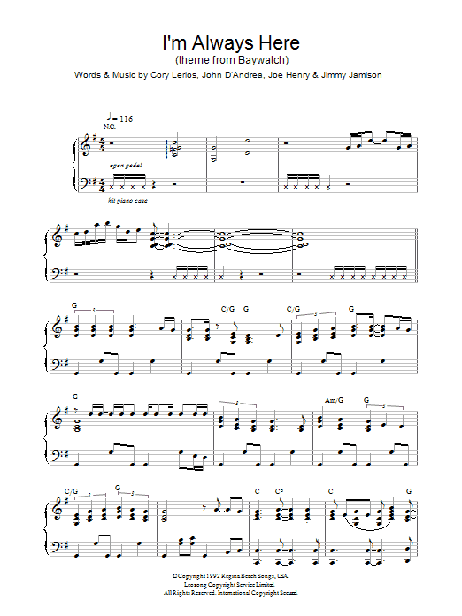 Jimi Jamison I'm Always Here (theme from Baywatch) sheet music notes and chords arranged for Piano Chords/Lyrics