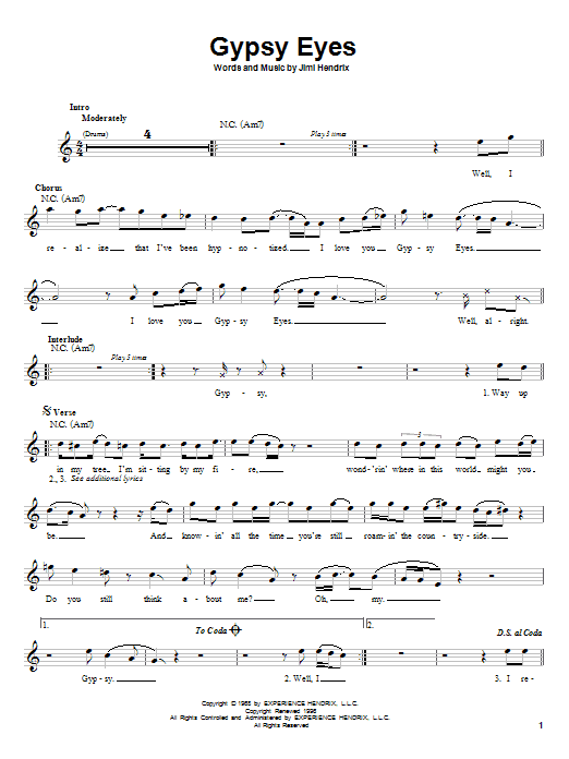 Jimi Hendrix Gypsy Eyes sheet music notes and chords. Download Printable PDF.