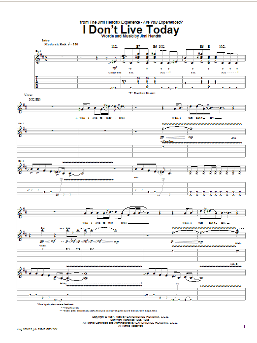 Jimi Hendrix I Don't Live Today sheet music notes and chords. Download Printable PDF.