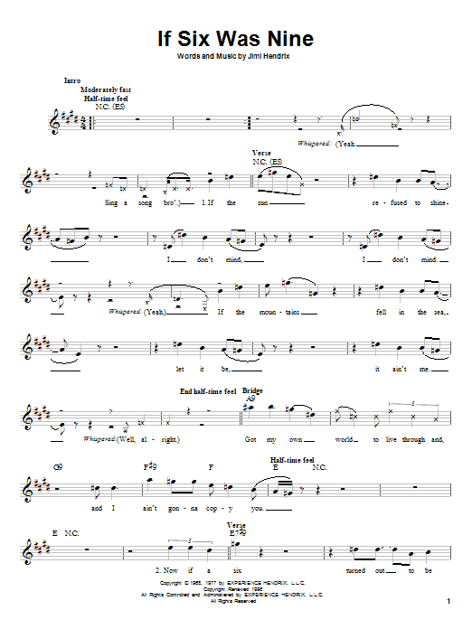 Jimi Hendrix If Six Was Nine sheet music notes and chords. Download Printable PDF.