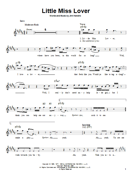 Jimi Hendrix Little Miss Lover sheet music notes and chords. Download Printable PDF.
