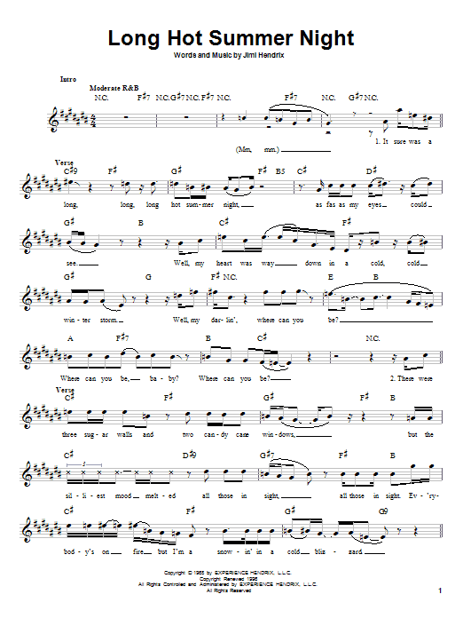 Jimi Hendrix Long Hot Summer Night sheet music notes and chords. Download Printable PDF.
