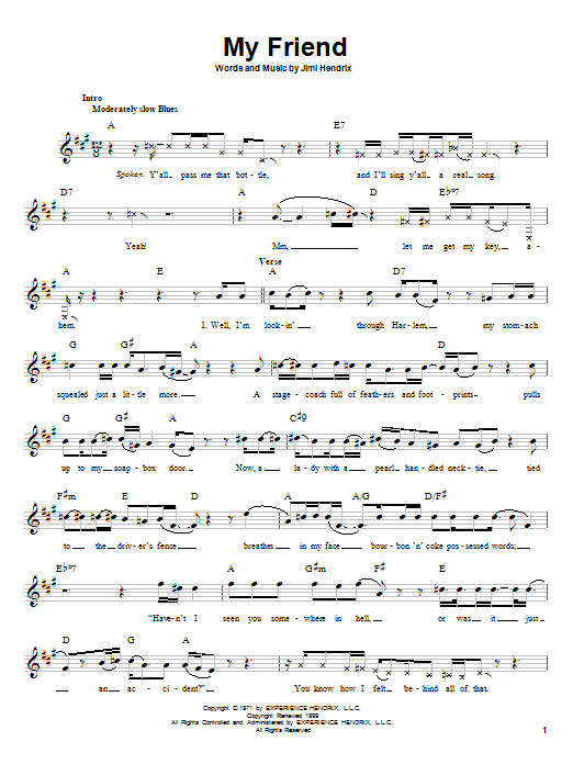 Jimi Hendrix My Friend sheet music notes and chords. Download Printable PDF.