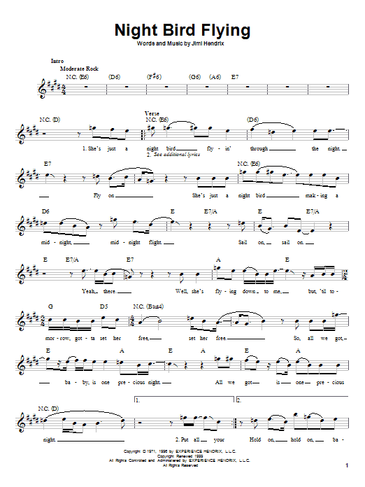 Jimi Hendrix Night Bird Flying sheet music notes and chords. Download Printable PDF.