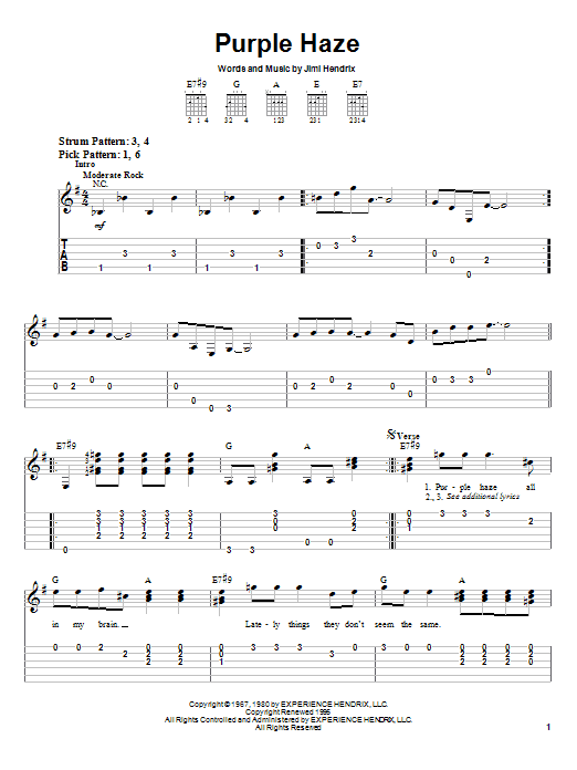Jimi Hendrix Purple Haze sheet music notes and chords. Download Printable PDF.