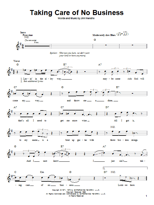 Jimi Hendrix Taking Care Of No Business sheet music notes and chords. Download Printable PDF.