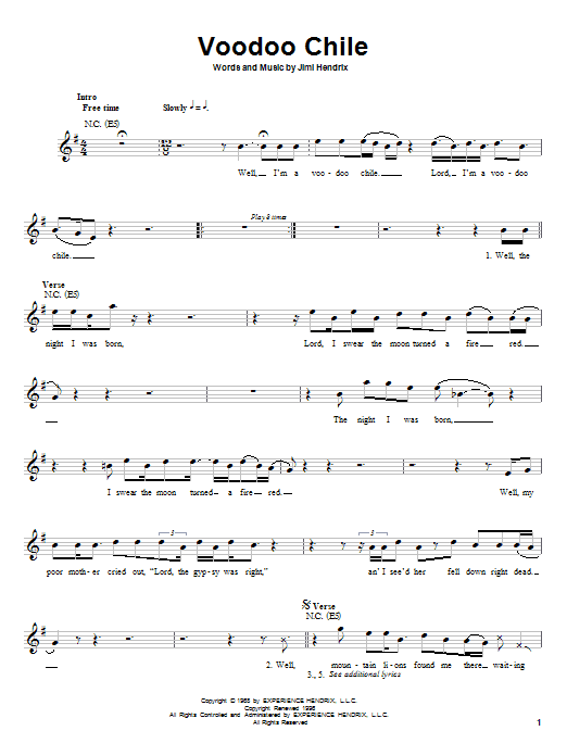 Jimi Hendrix Voodoo Chile sheet music notes and chords. Download Printable PDF.