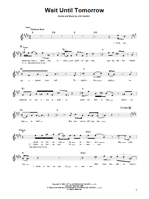 Jimi Hendrix Wait Until Tomorrow sheet music notes and chords. Download Printable PDF.