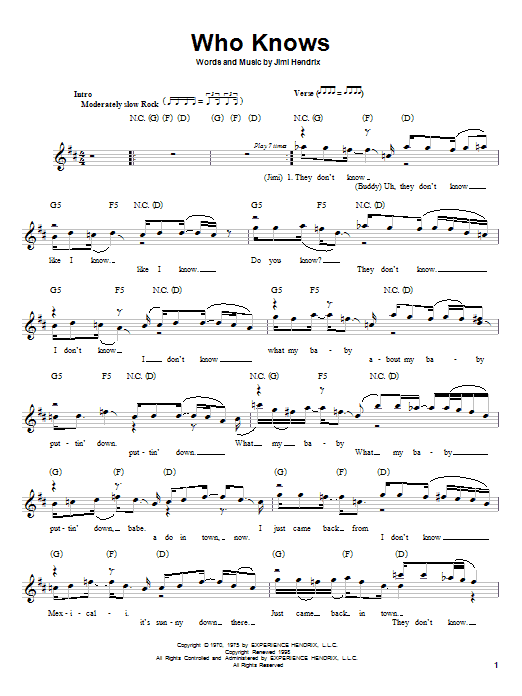 Jimi Hendrix Who Knows sheet music notes and chords. Download Printable PDF.