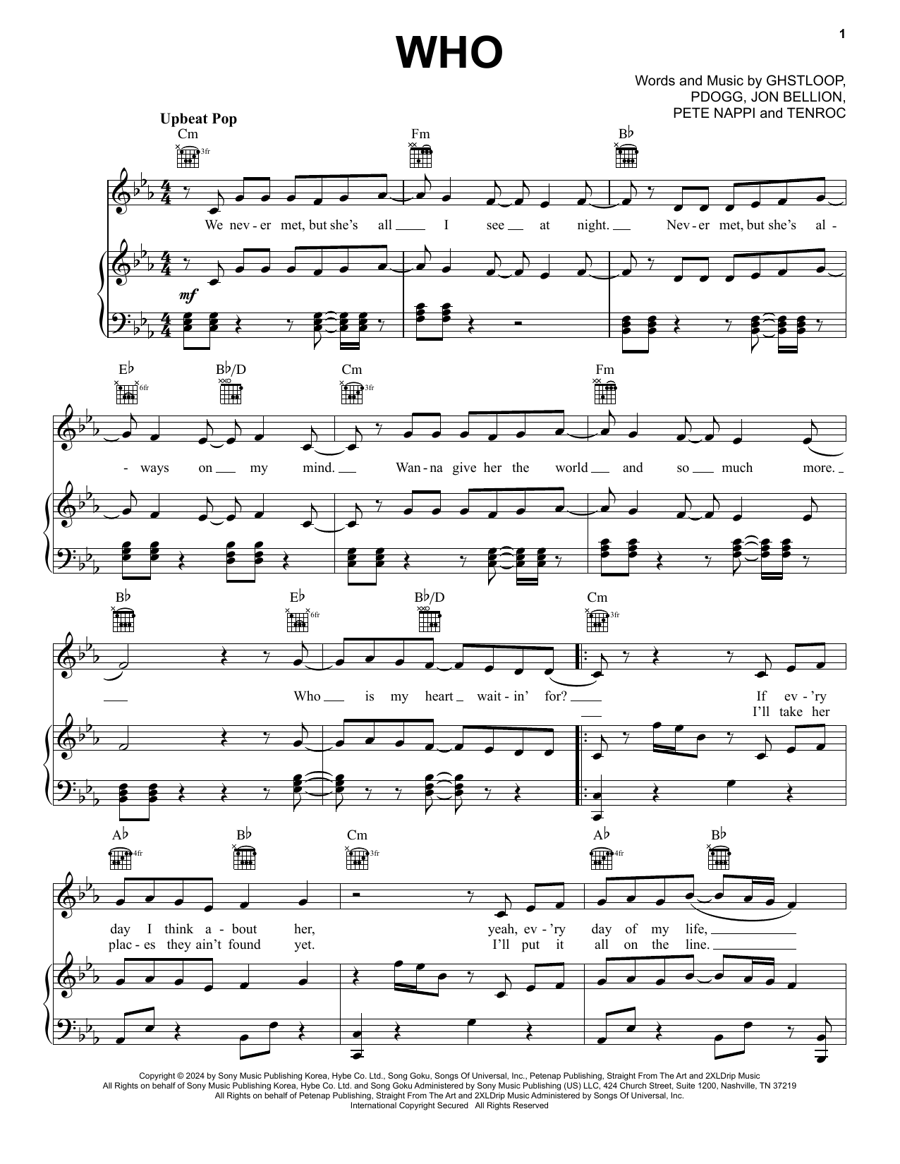 Jimin Who sheet music notes and chords arranged for Piano, Vocal & Guitar Chords (Right-Hand Melody)