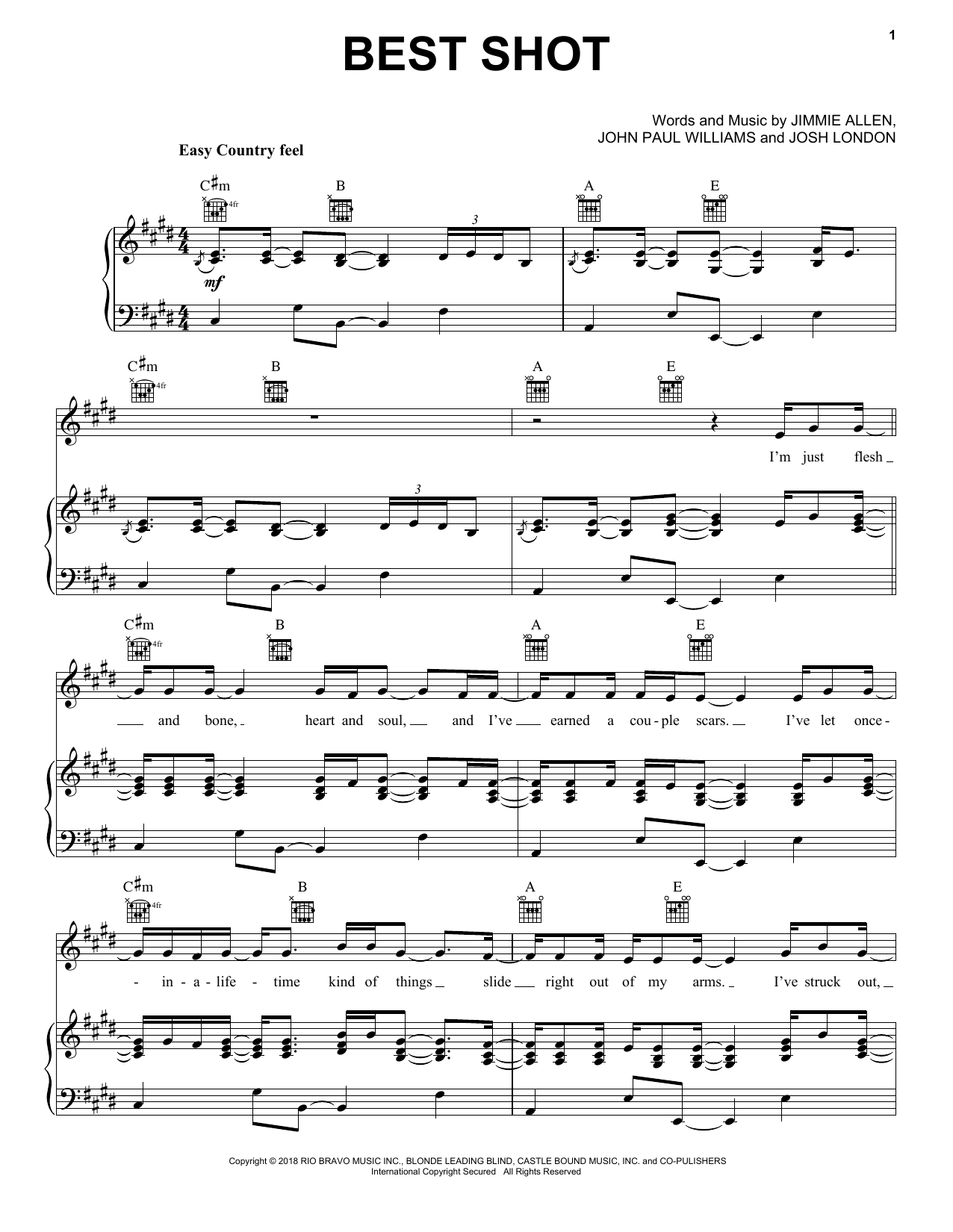Jimmie Allen Best Shot sheet music notes and chords arranged for Piano, Vocal & Guitar Chords (Right-Hand Melody)