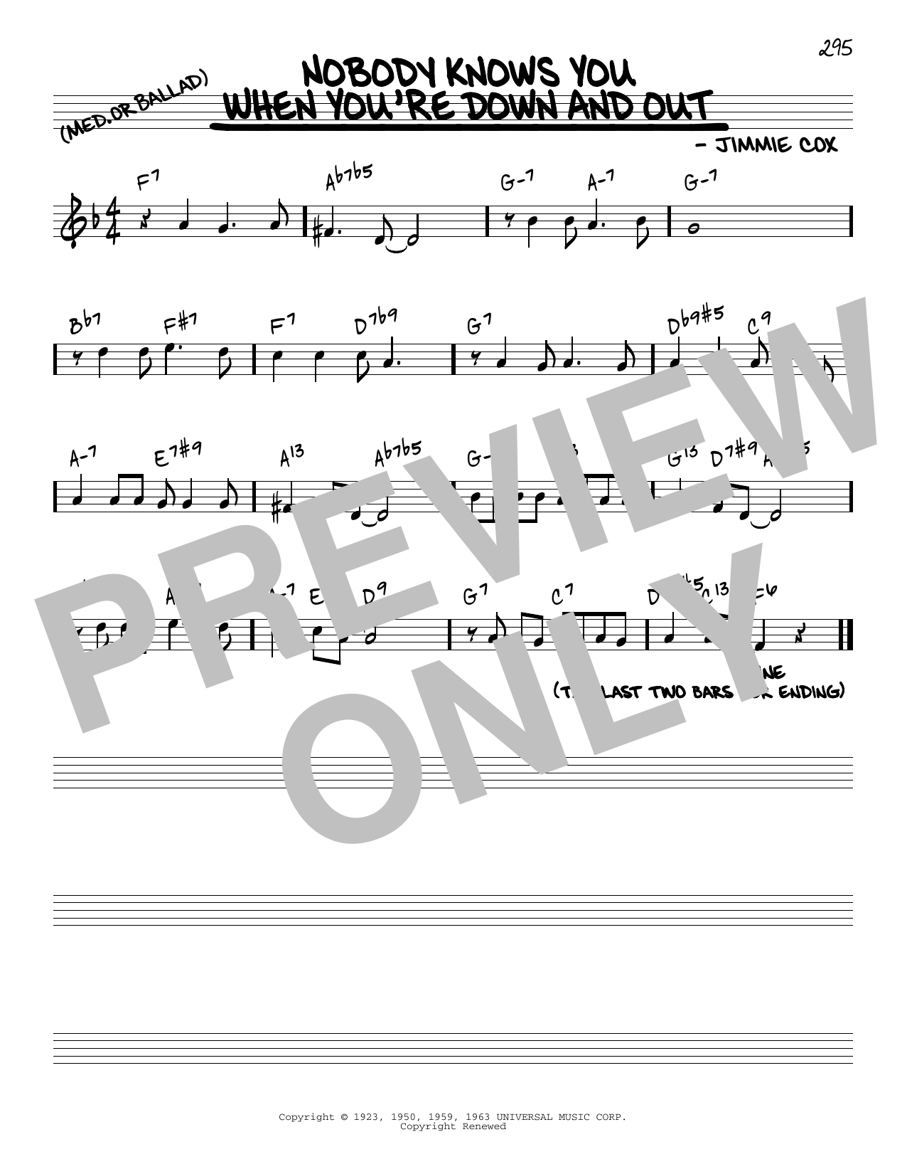 Jimmie Cox Nobody Knows You When You're Down And Out [Reharmonized version] (arr. Jack Grassel) sheet music notes and chords arranged for Real Book – Melody & Chords