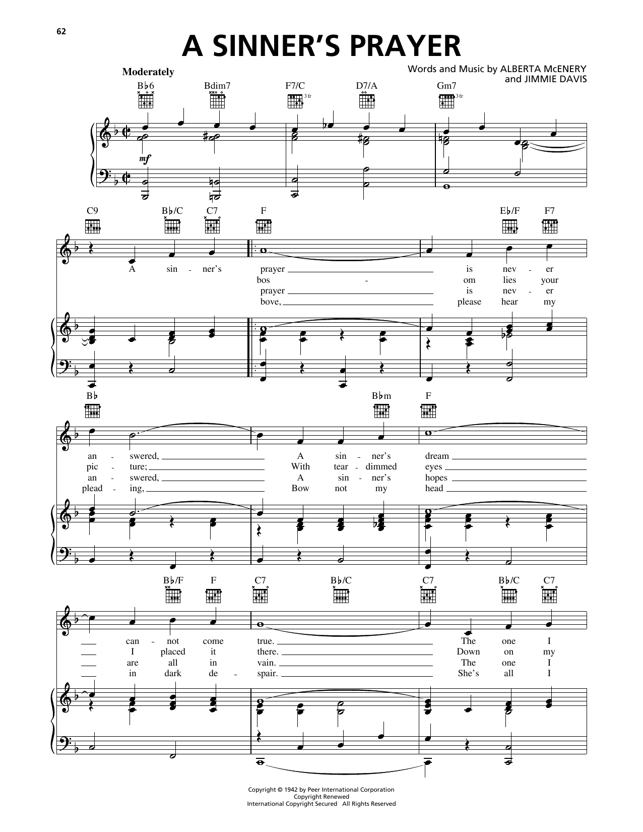 Jimmie Davis A Sinner's Prayer sheet music notes and chords arranged for Piano, Vocal & Guitar Chords (Right-Hand Melody)