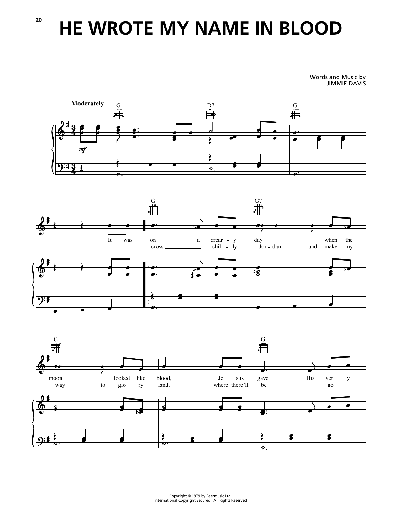 Jimmie Davis He Wrote My Name In Blood sheet music notes and chords arranged for Piano, Vocal & Guitar Chords (Right-Hand Melody)