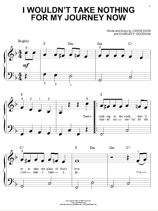Jimmie Davis I Wouldn't Take Nothing For My Journey Now sheet music notes and chords arranged for Piano, Vocal & Guitar Chords (Right-Hand Melody)