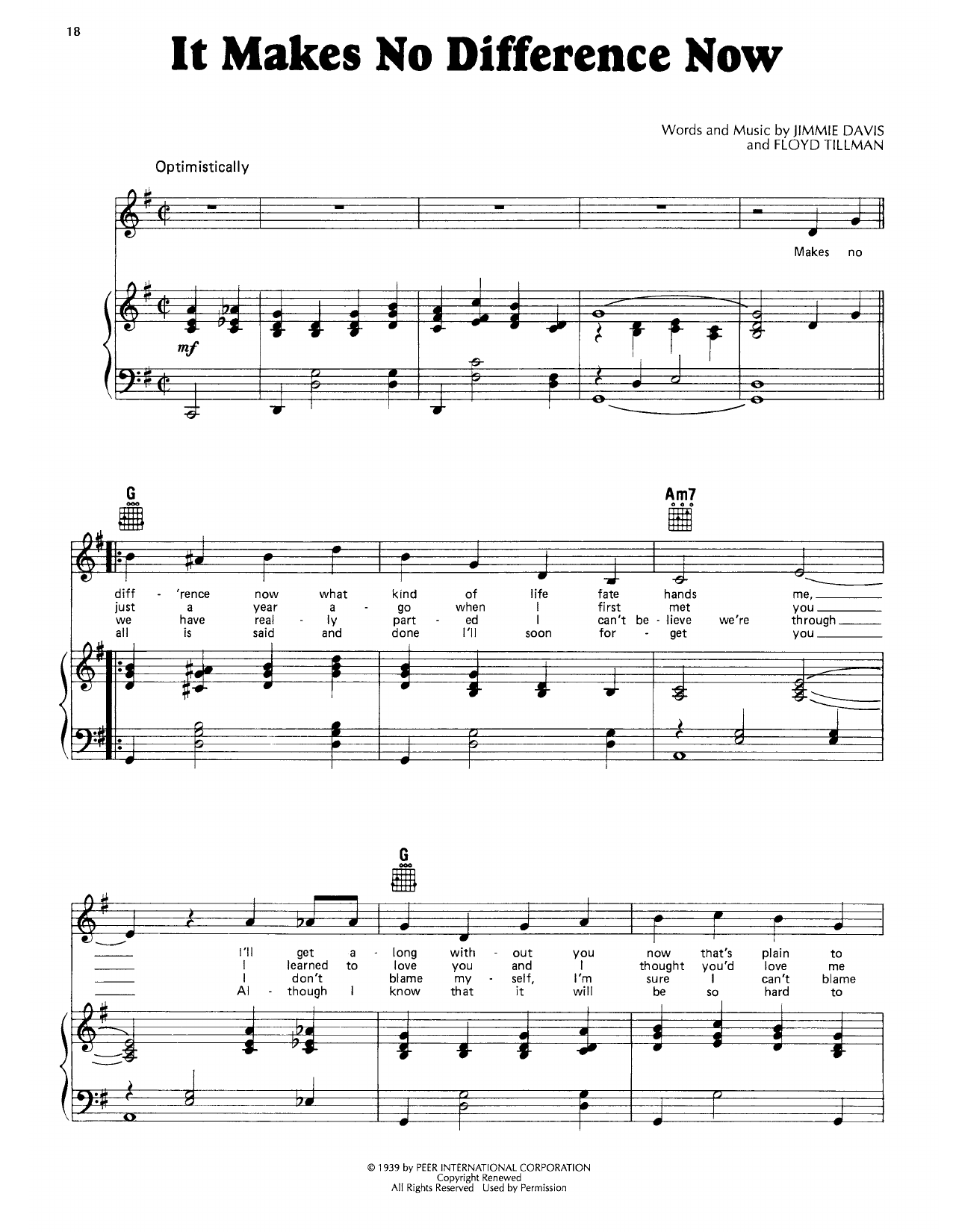 Jimmie Davis It Makes No Difference Now (from Louisiana) sheet music notes and chords arranged for Piano, Vocal & Guitar Chords (Right-Hand Melody)