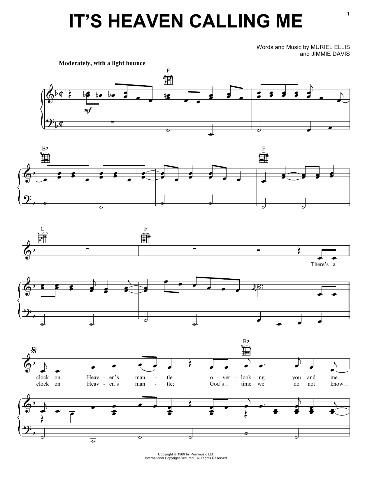 Jimmie Davis It's Heaven Calling Me sheet music notes and chords arranged for Piano, Vocal & Guitar Chords (Right-Hand Melody)