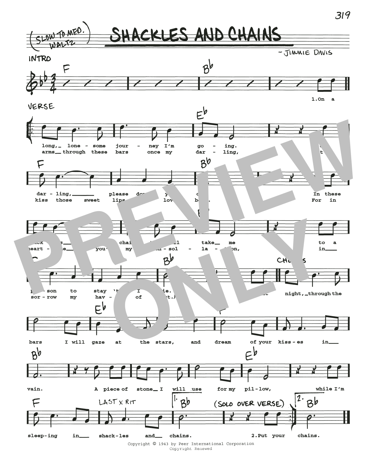 Jimmie Davis Shackles And Chains sheet music notes and chords arranged for Real Book – Melody, Lyrics & Chords