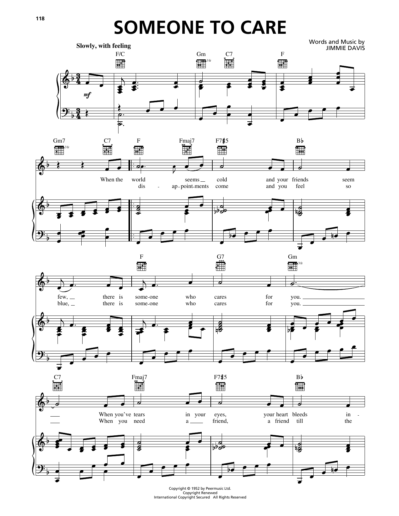 Jimmie Davis Someone To Care sheet music notes and chords arranged for Piano, Vocal & Guitar Chords (Right-Hand Melody)