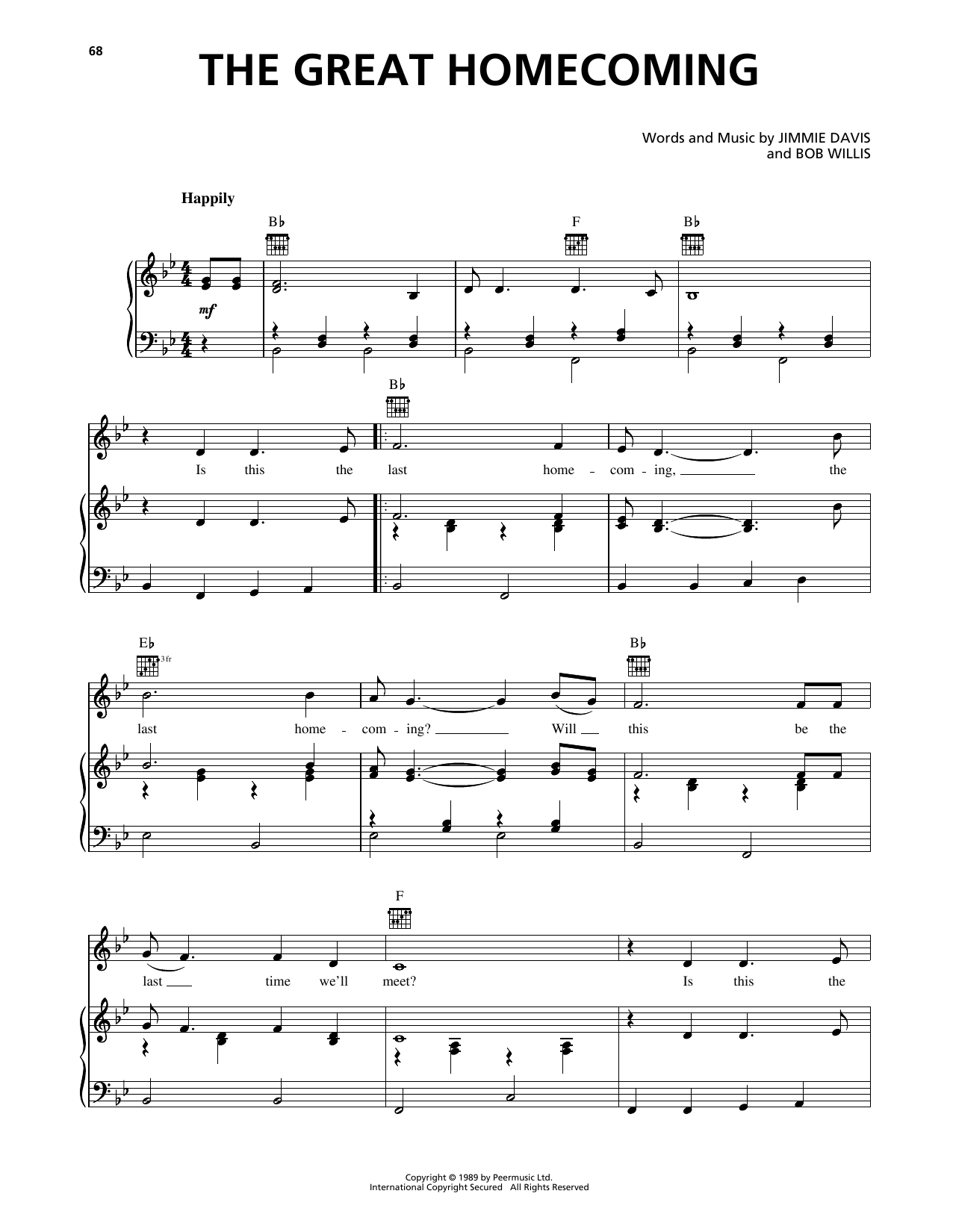 Jimmie Davis The Great Homecoming sheet music notes and chords arranged for Piano, Vocal & Guitar Chords (Right-Hand Melody)