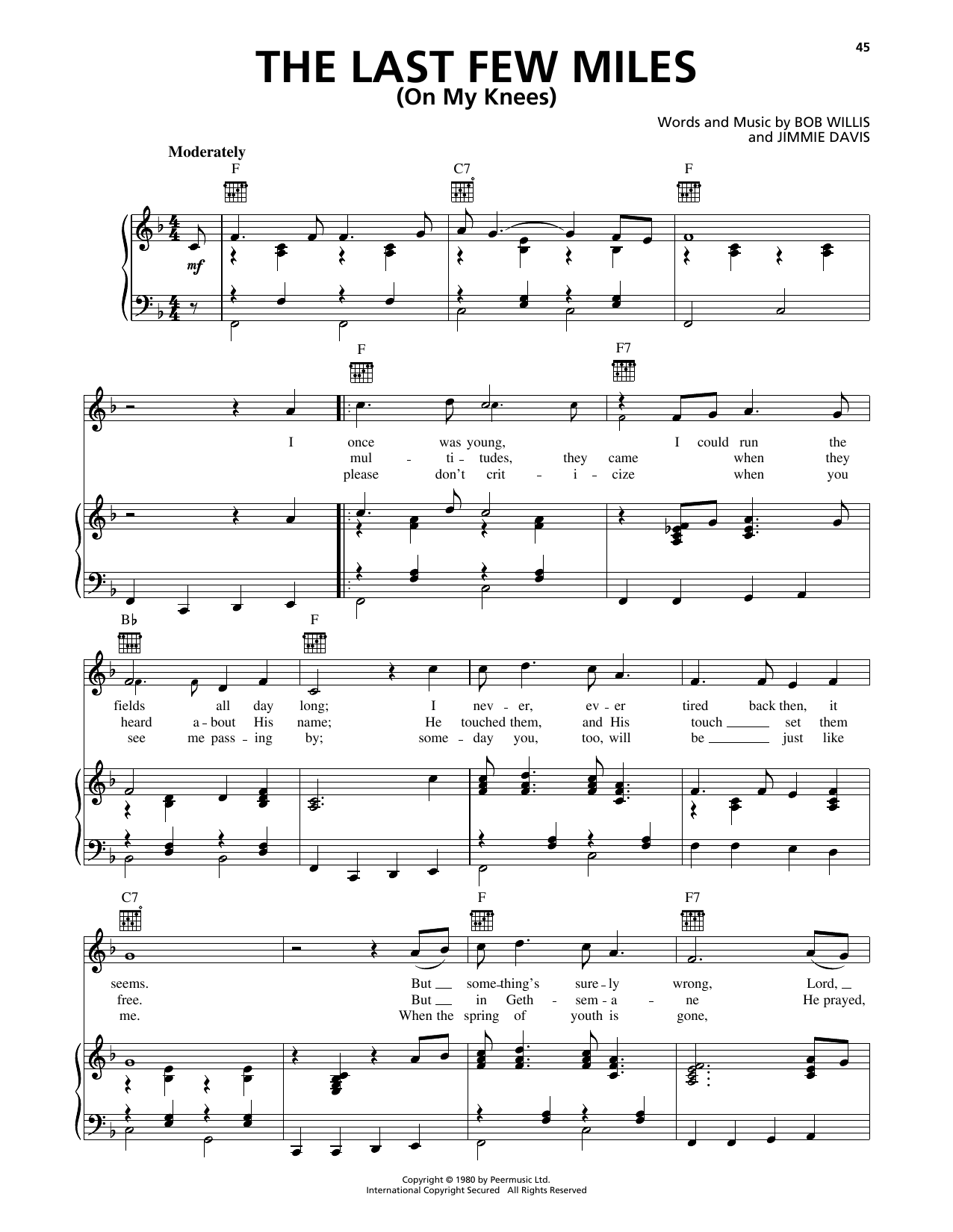 Jimmie Davis The Last Few Miles (On My Knees) sheet music notes and chords arranged for Piano, Vocal & Guitar Chords (Right-Hand Melody)