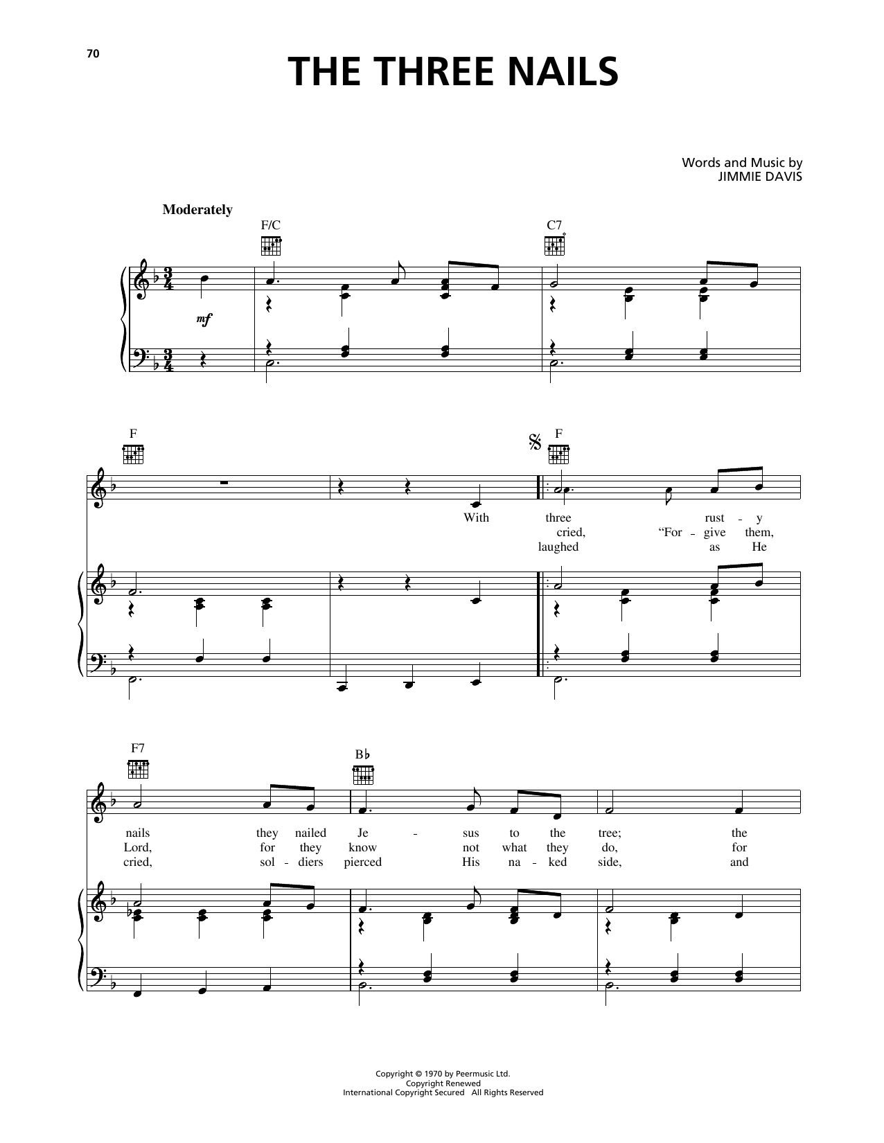 Jimmie Davis The Three Nails sheet music notes and chords arranged for Piano, Vocal & Guitar Chords (Right-Hand Melody)