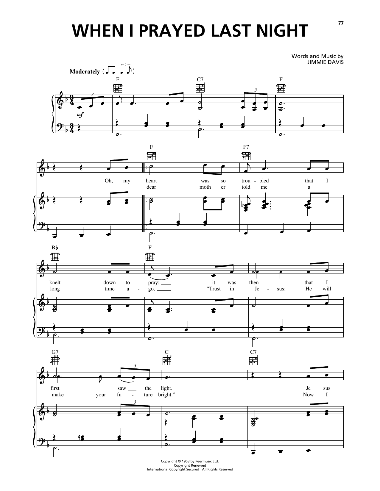 Jimmie Davis When I Prayed Last Night sheet music notes and chords arranged for Piano, Vocal & Guitar Chords (Right-Hand Melody)