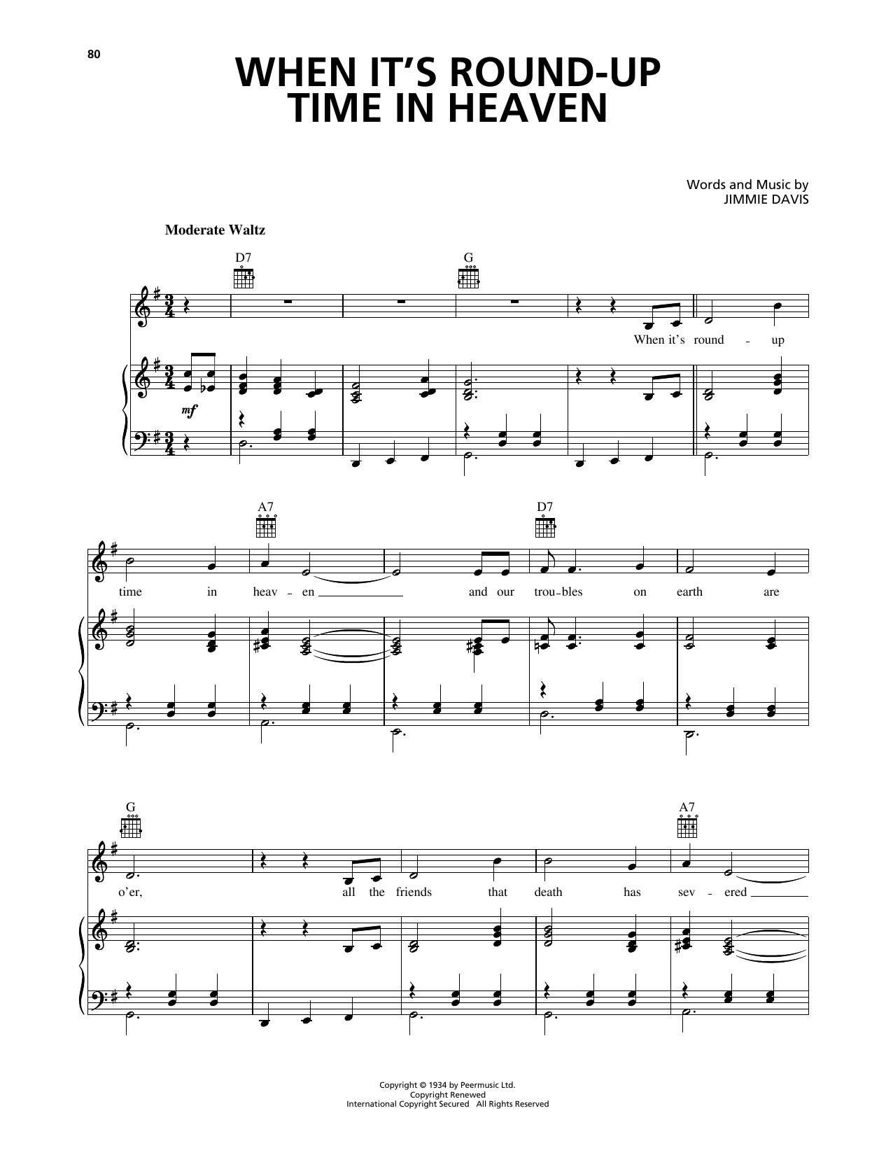 Jimmie Davis When It's Round-Up Time In Heaven sheet music notes and chords arranged for Piano, Vocal & Guitar Chords (Right-Hand Melody)