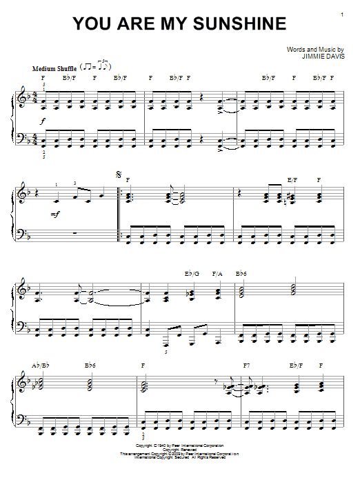 Jimmie Davis You Are My Sunshine (arr. Brent Edstrom) sheet music notes and chords arranged for Piano Solo