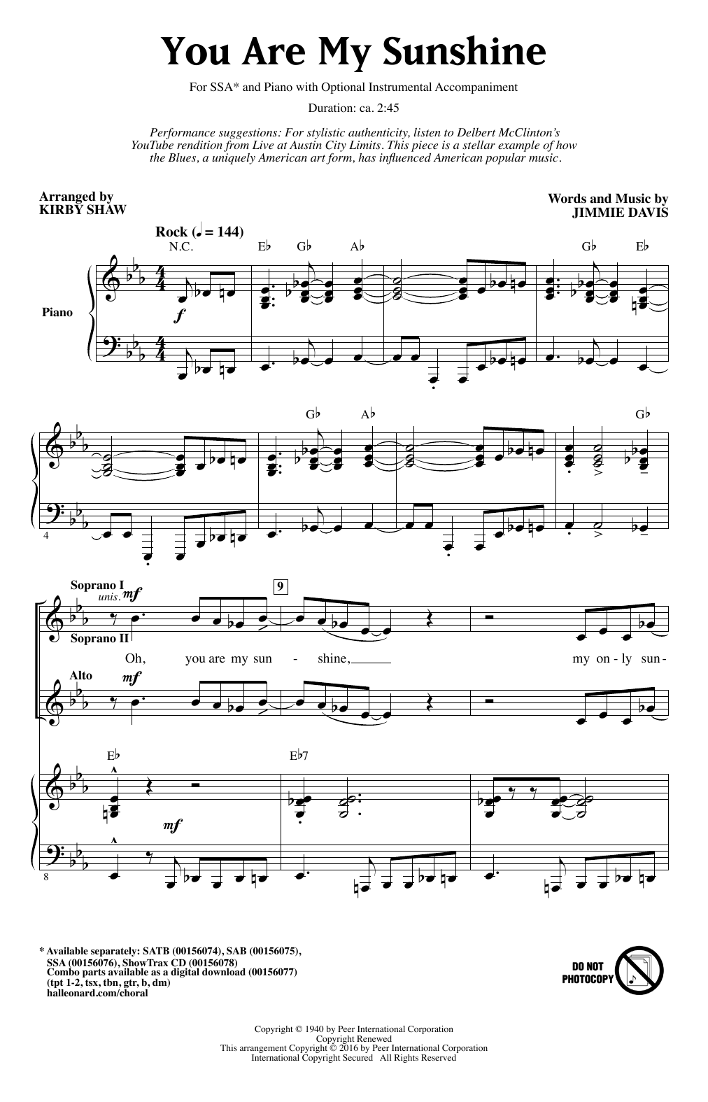 Jimmie Davis You Are My Sunshine (arr. Kirby Shaw) sheet music notes and chords arranged for SATB Choir