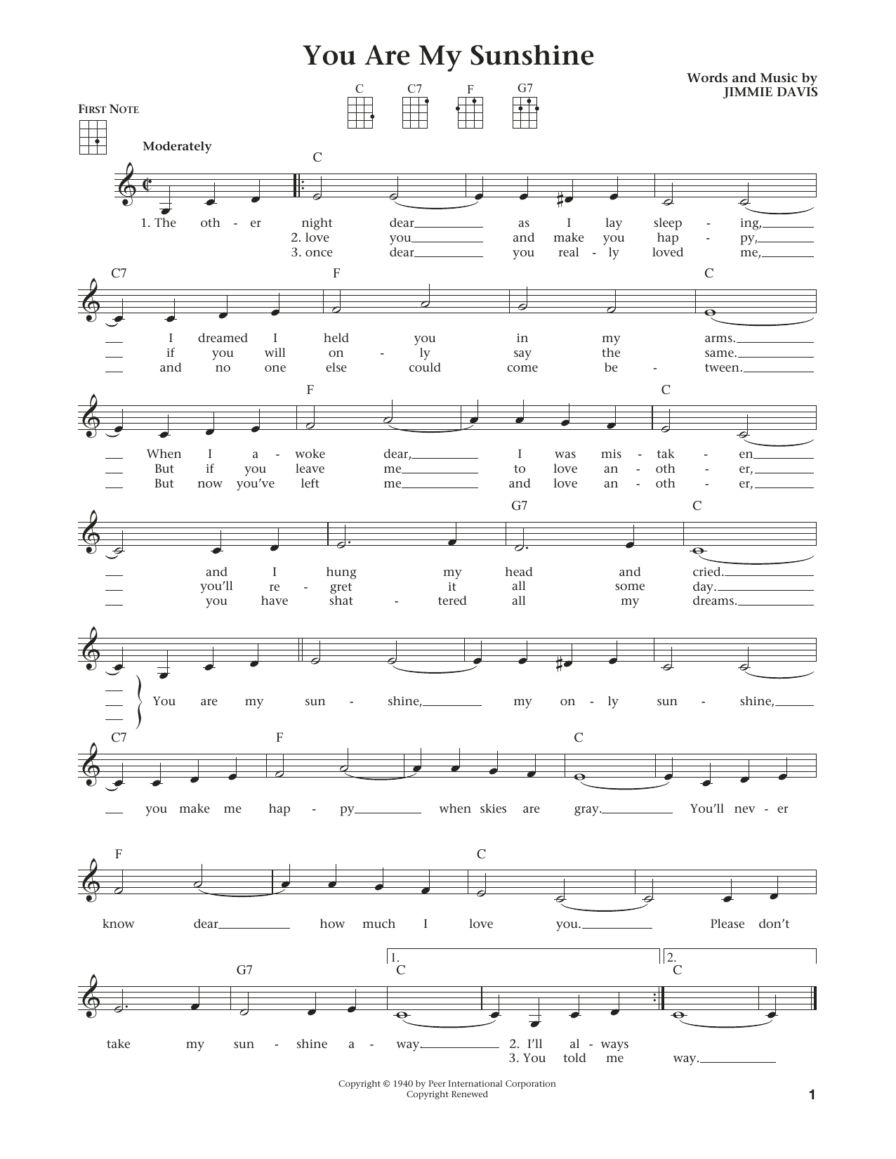 Jimmie Davis You Are My Sunshine (from The Daily Ukulele) (arr. Liz and Jim Beloff) sheet music notes and chords arranged for Ukulele