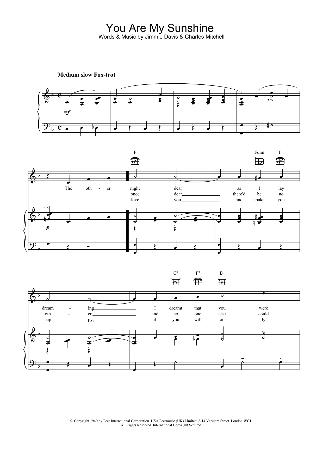 Jimmie Davis You Are My Sunshine sheet music notes and chords arranged for Ukulele Chords/Lyrics