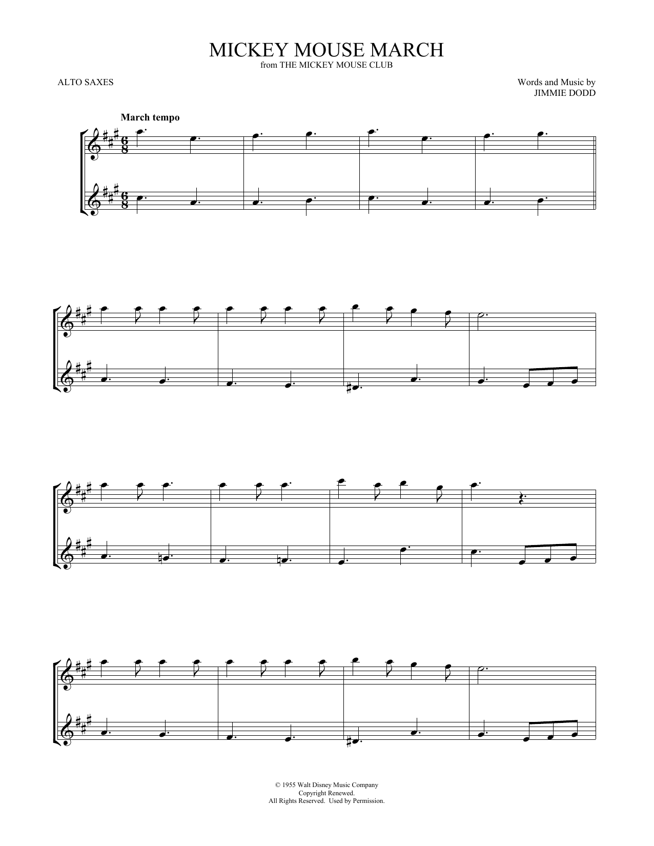 Jimmie Dodd Mickey Mouse March (from The Mickey Mouse Club) (arr. Mark Phillips) sheet music notes and chords arranged for Alto Sax Duet