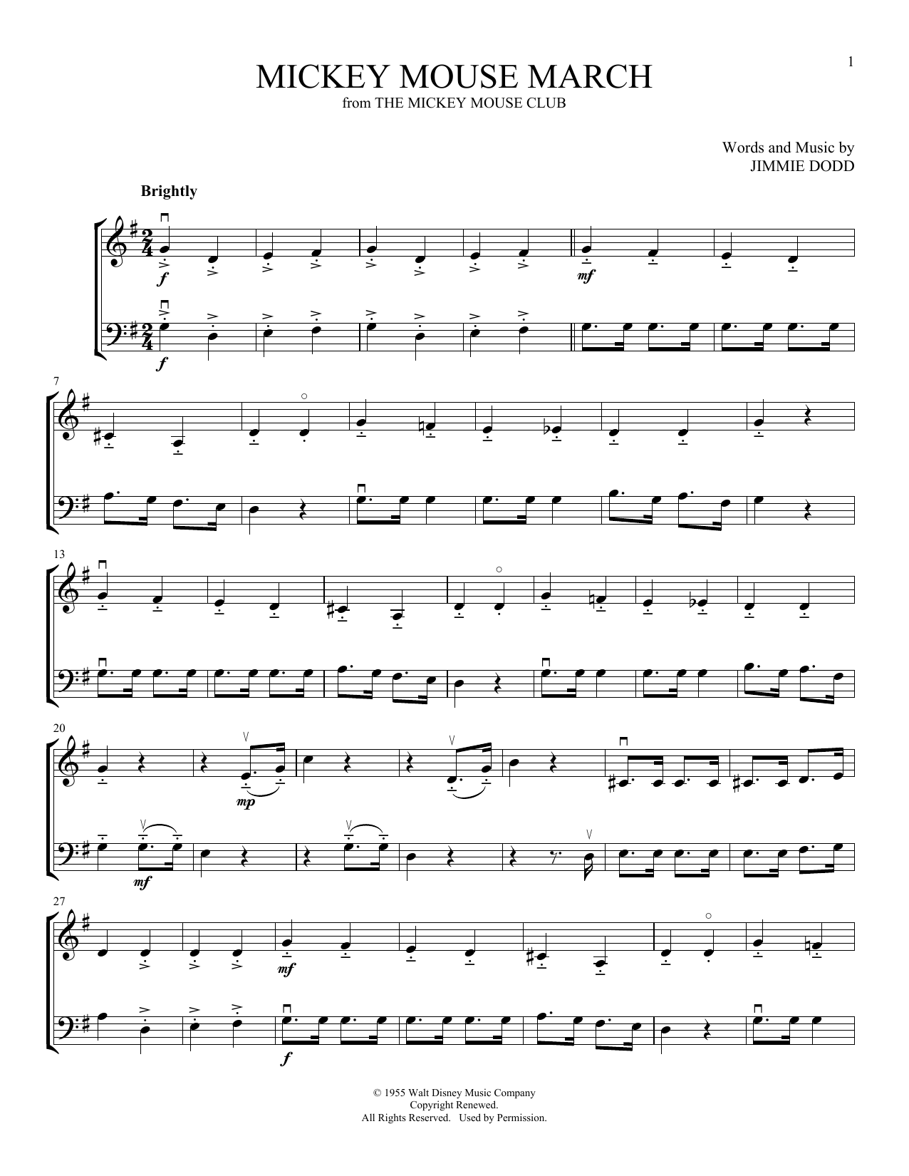 Jimmie Dodd Mickey Mouse March (from The Mickey Mouse Club) (arr. Michelle Hynson) sheet music notes and chords arranged for Instrumental Duet