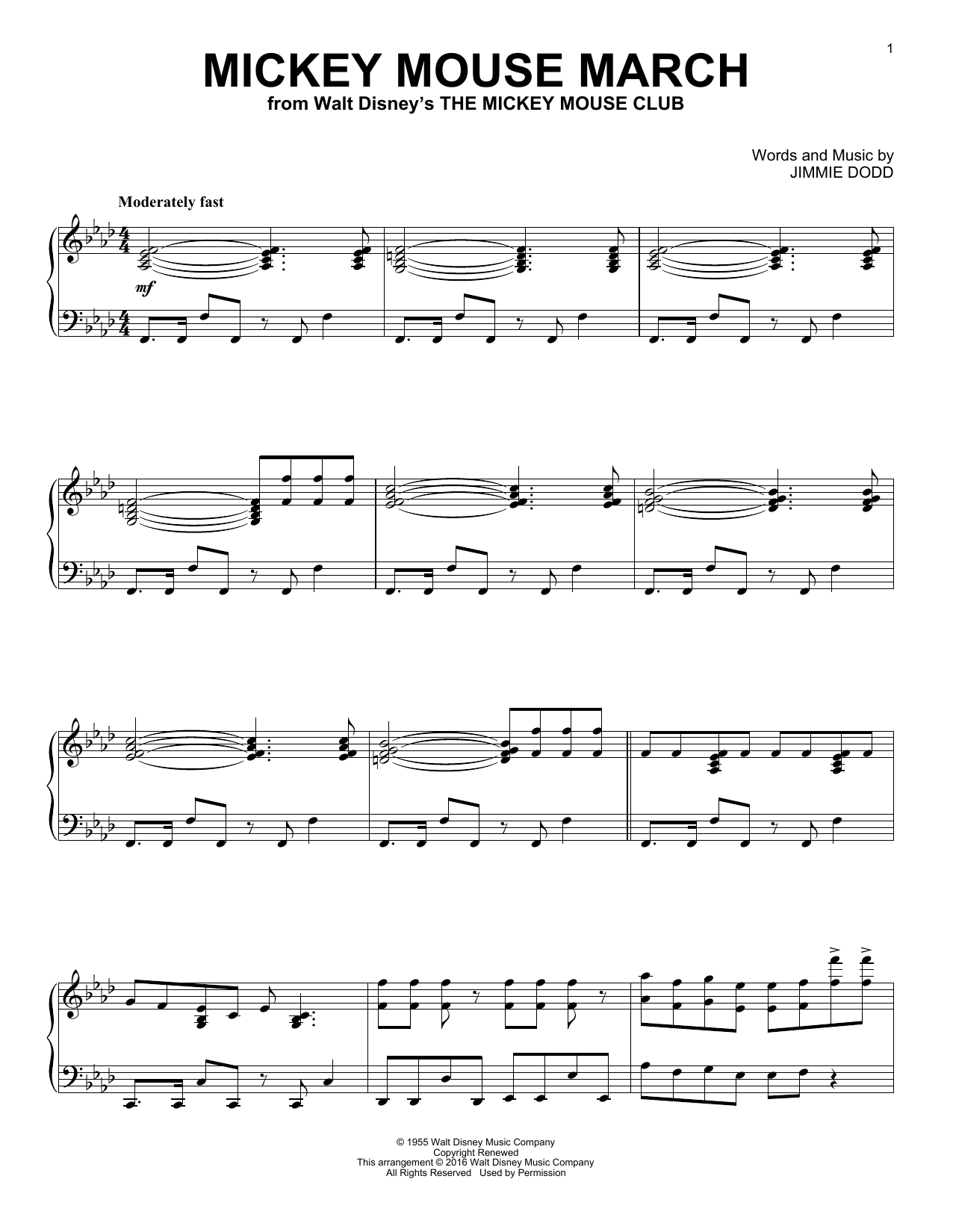Jimmie Dodd Mickey Mouse March [Jazz version] (from The Mickey Mouse Club) sheet music notes and chords arranged for Piano Solo