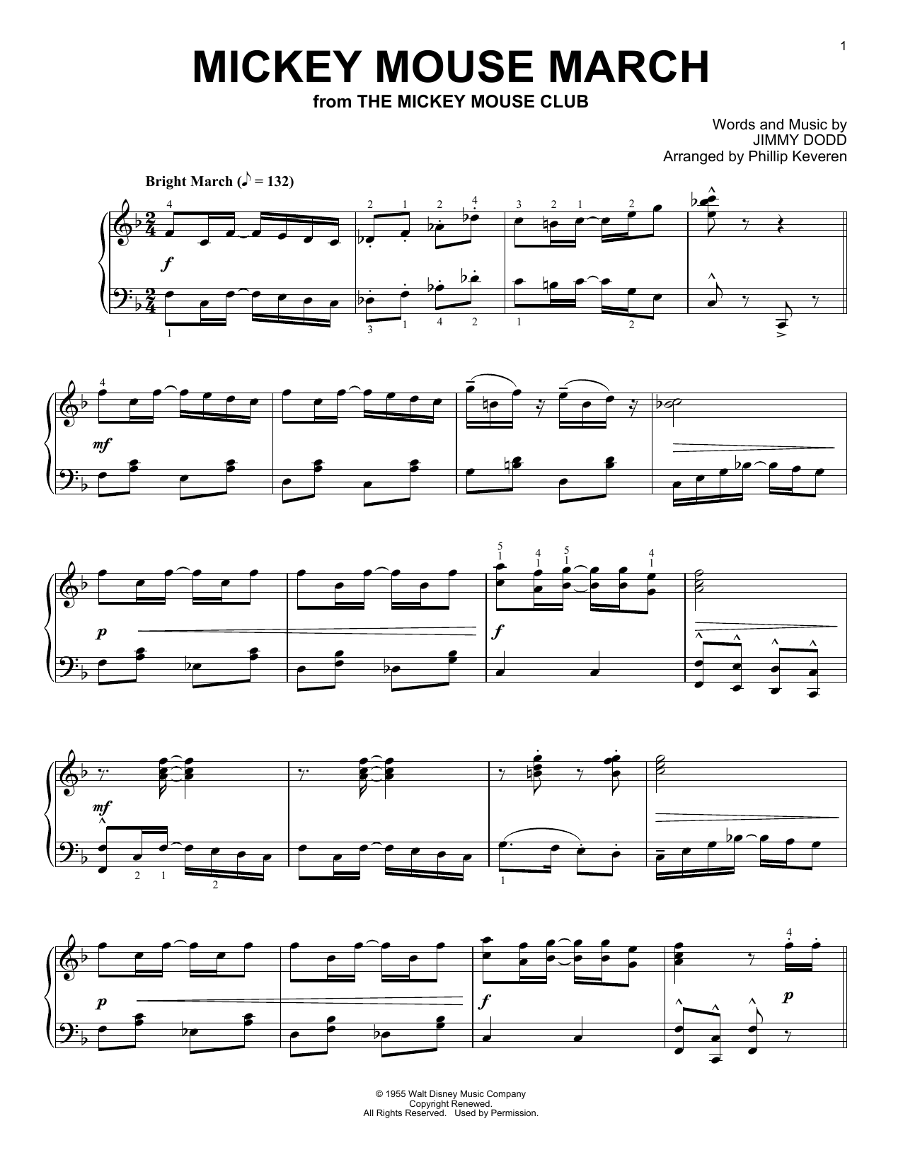Jimmie Dodd Mickey Mouse March [Ragtime version] (from The Mickey Mouse Club) (arr. Phillip Keveren) sheet music notes and chords arranged for Piano Solo