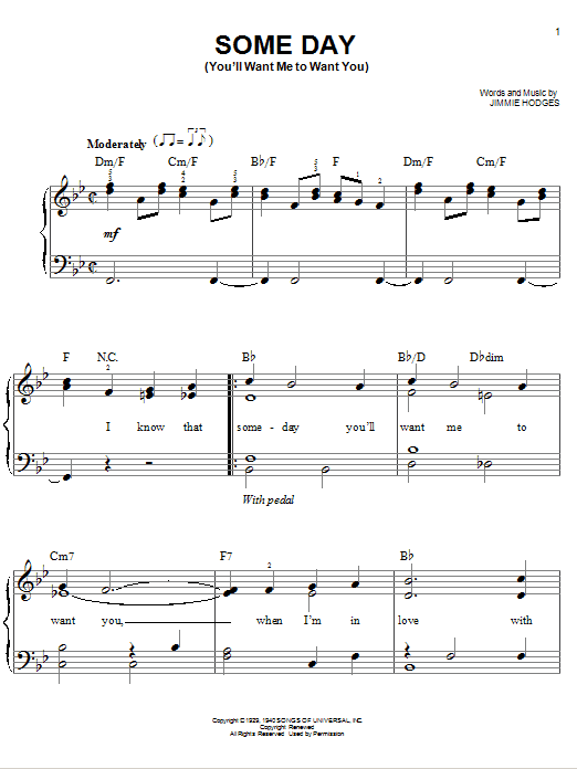 Jimmie Hodges Some Day (You'll Want Me To Want You) sheet music notes and chords arranged for Easy Piano