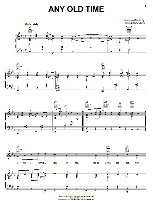 Jimmie Rodgers Any Old Time sheet music notes and chords arranged for Piano, Vocal & Guitar Chords (Right-Hand Melody)